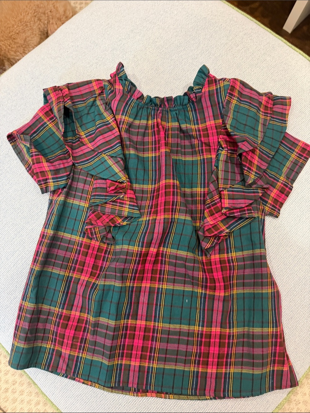 Crosby Plaid Ruffle Top in Green & Pink